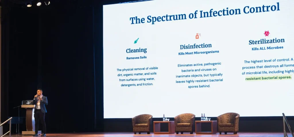 Azrul Akmal Saharudin, Terragene SEA Business Lead, speaking on stage at APSS 2026 in Kuala Lumpur about the spectrum of infection control.