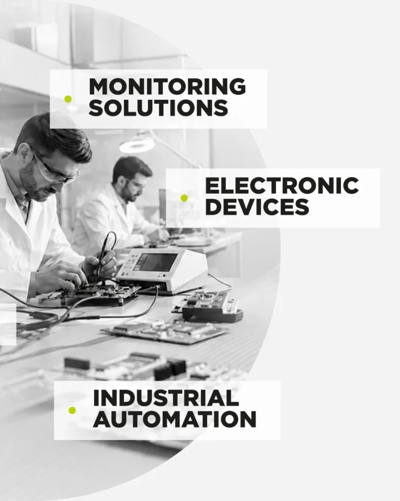 Terragene engineers testing electronic components in a lab, representing OEM capabilities in monitoring solutions, electronic devices, and industrial automation - OEM partner Terragene